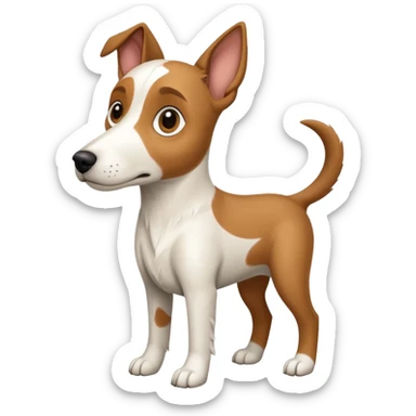 a full body large white floppy eared parson russell looking dog the size of a kelpie with light brown ears and a light brown patch on one eye and a large snout sticker
