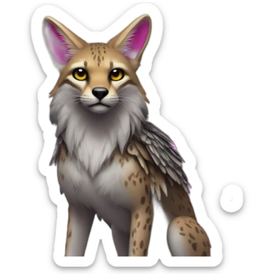 Coyote ocelot standing with grey and black fur and phoenix wings on back and pink ears half skeleton, neon lights sticker