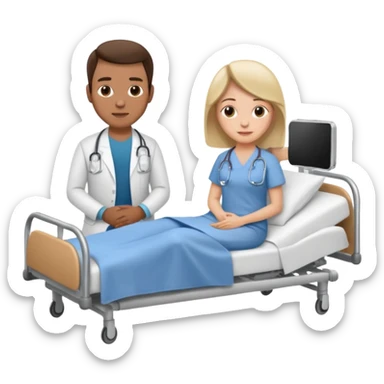 husband in plainclothes sitting beside hospital bed of wife sticker