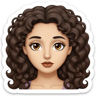 Brown black hair, dark brown eyes, thick eyebrows, plump lips, wavy curly long hair, and beige skin town sticker