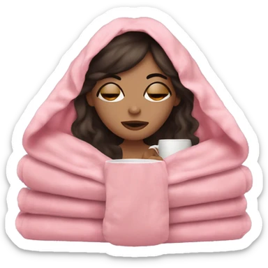 white girl dark hair inside a pink blanket sipping coffee eyes closed sticker