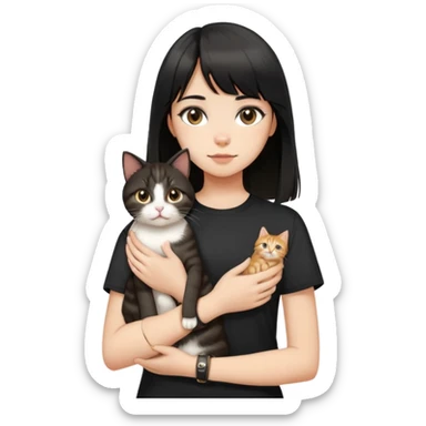 A girl with black long hair and middle-parted bangs, wearing a black short-sleeved shirt, a brown bracelet on her right wrist, white skin, holding a tabby cat, the cat is standing upright sticker