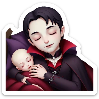 Meme-Worthy Cute Sleeping Vampire Portrait Emoji, with a refined, small, pale face softened by closed, serene eyes and a slight, peaceful smile, adorned in miniature elegant dark attire with a hint of fading crimson, simplified yet irresistibly adorable, highly detailed with a soft ethereal outline that captures the drowsy charm of a vampire in quiet nighttime slumber! sticker