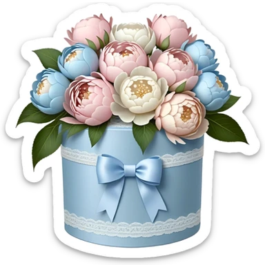 A vintage hatbox, wrapped in an ivory lace bow, holds a carefully arranged selection of blush-white and pale blue peonies, their petals unfurling like whispered secrets. A wide, pearl-adorned ribbon encircles the arrangement, its elegant bow tied with effortless grace. The edges of the ribbon flutter gently as a soft breeze drifts through the open window, carrying the delicate fragrance of fresh blooms into the air.

 sticker