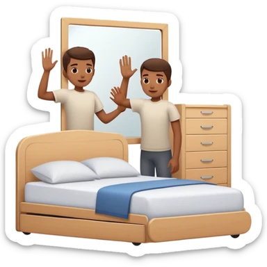 A person stands beside their bed, rolling out groggily with determination. The bed behind them is neatly made, a mirror in front of them shows them high-fiving their reflection. A glowing sunrise outside signals the start of a productive day. sticker