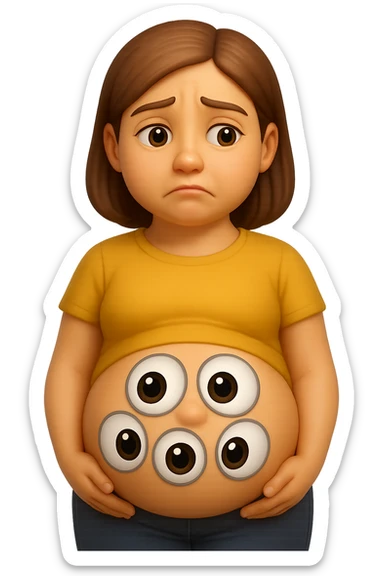 emoji stile iphone di una donna con pancia gonfia piena di cacche con gli occhi, iperrealistico 4k sticker