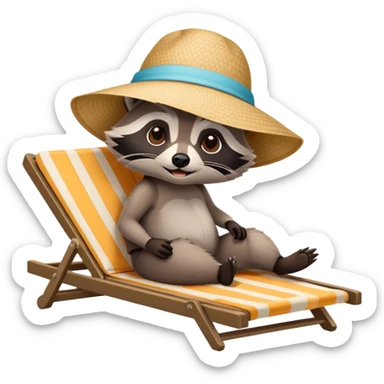 a raccoon on a beach sun bathing on a lounger with a sun hat on sticker