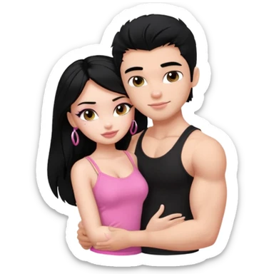 a pretty bratz fair girl. black hair, wearing a pink cami top, she is hugging a handsome fair guy with black hair. lean but muscular.the boy is wearing a black tshirt sticker