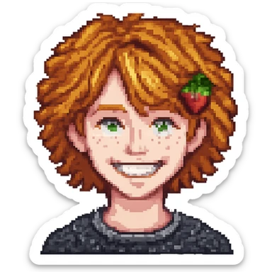 Make the strawberry blond boy with ginger freckles smile wider. The original style is pixel art style with transparent background, please keep the pixel art style and transparent background consistent. sticker