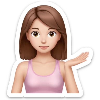 brown hair girl wearing light pink pilates clothes, silk beautiful medium hair and brown eyes sticker