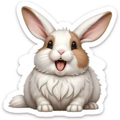 Cinematic Cute Yawning White and Brown Rabbit Portrait Emoji, Head tilted slightly with a dramatic, wide-open yawn, showcasing a soft, patterned fur with crisp white and warm brown patches, floppy ears slightly drooping, round eyes barely open in drowsy contentment, Simplified yet irresistibly adorable features, highly detailed, glowing with a soft, cozy glow, high shine, relaxed yet expressive, stylized with a touch of whimsy, bright and endearing, soft glowing outline, capturing the essence of a sleepy yet affectionate bunny, so drowsy it feels like it could stretch out of the screen and curl up for a nap! sticker
