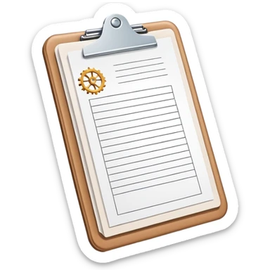 clipboard holding a simplified service order paper with faint lines, with a small gear symbol, clean vector art, bright colors, isolated sticker