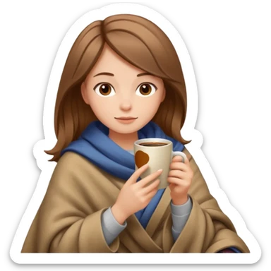 Beige Brown hair Girl drinking coffee, reading book with a cozy blanket sticker
