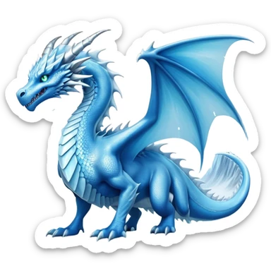 Cinematic Noble wise elegant Ice Dragon full body  Emoji, Poised and imposing, distinct long elegant snout, with a slender, scaled body shimmering in glacial hues of icy blue, frostbitten silver, and crystalline white, breathing out frost, with piercing, glowing ice blue white eyes that radiate the chilling depths of an arctic storm; rendered in detail. excuding wisdom sticker