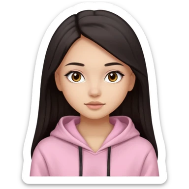 A pretty girl with light skin and long straight black brown hair, wearing a very light pink basic hoodie with brown eyes and makeup and a round face sticker
