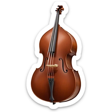 Create an elegant and detailed emoji representing a Gliga Gama double bass with bow. The design should showcase the large, sleek body of the double bass with its rich wood finish, including the characteristic curves and deep tone holes. The bow should be elegantly positioned next to the instrument, highlighting the hair and smooth wooden stick. Use warm wood tones like chestnut brown for the body of the bass, silver accents for the fittings, and dark brown for the bow. Add subtle musical notes or sound waves flowing from the bass to represent its deep, resonant sound. The background should be transparent. sticker