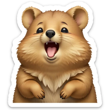 cinematic-realistic  yawning quokka-emoji,-small-round-frame, head tilted in an endearing manner, wouth wide open yawning, sleepy comical smile, round fluffy cheeks, giant-fluffy-cheeks-large-smile-fluffy-brown-fur-radiating-a-warm-softness,-big-round-eyes-filled-with-joy, realistic round  fluffy zoomed in, large black eyes one paw raised in the air sticker
