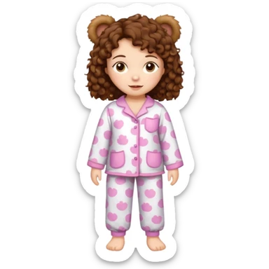 Grown up Woman with brown eyes, brown curly hair, white skin, full body in cute pijama bear sticker
