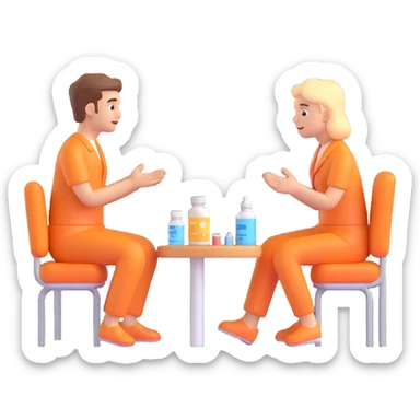Two normal people with concerned expressions, sitting in a doctor's office, considering two medical product options, in the same 3D emoji style as the reference image, neutral background. sticker