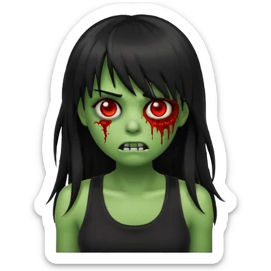 Zombie emoji with long hair black and bangs, with green skin, big red eyes, small nose, and a simple black tank top.  sticker