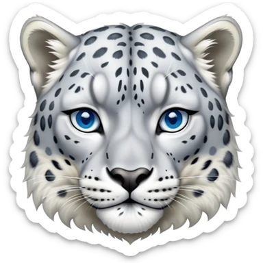 Cinematic-Noble-Snow-Leopard-Portrait-Emoji – Poised and majestic, with a muscular, agile build and a beautifully patterned coat of soft white and grey fur, marked with striking, deep-set, intelligent icy blue eyes, simplified yet sharp and sophisticated zoomed out showing the shoulders sticker