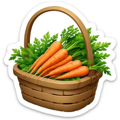 Cinematic vibrant orange carrot, crisp and fresh, slightly twisted with green leafy tops, arranged in a rustic wooden basket, natural and inviting. sticker