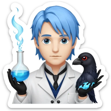 Handsome alchemist-scientist man with light-blue beautiful hair, handsome sexy, long hair tendril bangs down on the sides, white lab coat, blue cravat, black feathers on shoulder, raven companion, black gloves, red eyes sticker