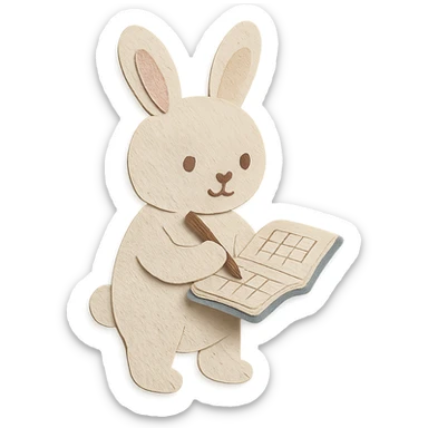 highly detailed, high quality paper craft style illustration of a cream-colored bunny standing and writing in a planner, intricate textures, soft lighting, delicate cut-paper details sticker