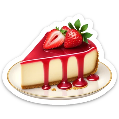 Cinematic creamy cheesecake, smooth and velvety, topped with fresh strawberries and a glossy fruit glaze, golden crumbly crust, beautifully plated, soft glowing background, indulgent and elegant. sticker