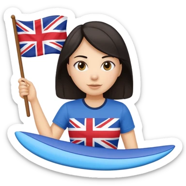 Woman teacher with dark hair in T-shirt with the UK flag surfing  sticker