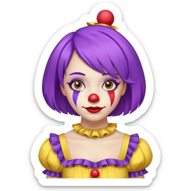 Clown girl with the human style. Has a purple wig, simple makeup, and a yellow dress sticker
