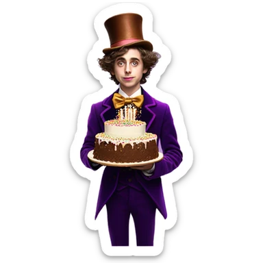 timothee chalamet as willy wonka carrying an extravagant birthday cake with a lot of layers and candels sticker