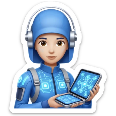 cybernetic person with digital toolkit, digital vibes, blue outfit, average skin color sticker