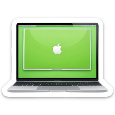 A macbook laptop front facing with its screen showing lime green screen with white paper overlapping outside the monitor . sticker