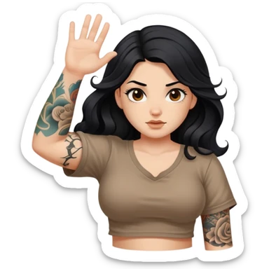 A girl with fair skin and a little fat - long black hair with big waves - tattoos on her upper arms - wearing a brown navel-revealing short-sleeved shirt sticker