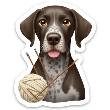 German shorthair pointer with knitting needles and ball of yarn in it’s mouth sticker