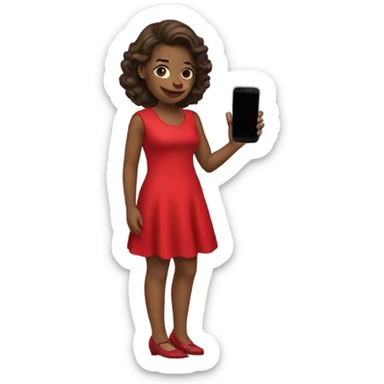 a girl in a red dress holding a cell phone sticker