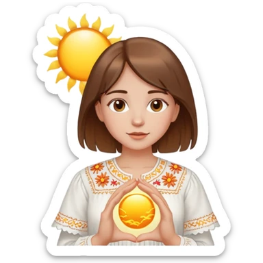 A young Ukrainian girl with brown hair wearing a white embroidered shirt holds the sun in her hands sticker