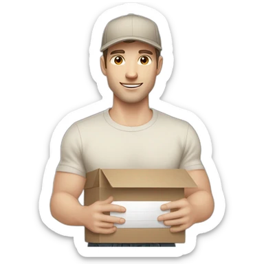 Pale skinned fit Man with dark brown hair in a beige cap, gray jeans, brown polo and white T-shirt keeping a pasted with tape white box into his hands sticker
