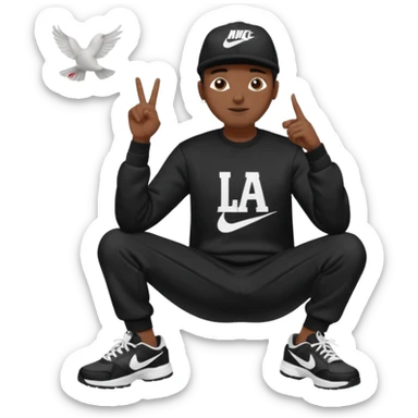 Crea Un Emoji De Cuerpo Completo Que Sea Hombre Con Corte Alucin Que Tenga Gorra Nike, Suéter Negro Que Tenga La Letras LA El La Parte Del Corazón, Zapatos Adidas Con Una Palomita✅, Pantalón Ancho O Bellaco Con Unos Diseños De Palomas Blancas Y Asiendo Una Pose Con Su Mano Que Sea Está 🤙🏽. sticker