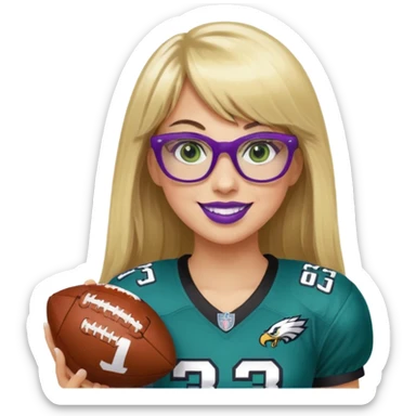 long blonde hair with bangs black rectangle glasses female green eyes football player wearing eagles uniform jersey number 33 holding football smiling purple lipstick sticker