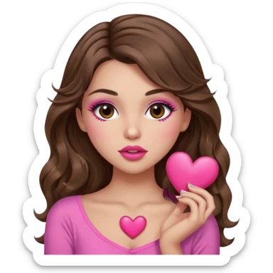 girl with long wavy brown hair, brown eyes, long lashes makeup, sexy pink lips, light to medium complexion, wearing a pink sexy top, sexy , puckering, blushing, kissing a heart sexy sticker