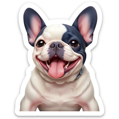 Cinematic Cute Yawning Pied French Bulldog Portrait Emoji, Head tilted with an exaggerated, endearing yawn and sleepy, squinty eyes, showcasing a unique pied fur of contrasting colors with a playful expression, simplified yet irresistibly adorable, highly detailed, glowing with a soft, cozy radiance, high shine, exuding a relaxed, humorous charm, styled with a gentle, soft glowing outline, capturing the essence of a Pied French Bulldog in a blissfully cute yawn that warms the heart! sticker