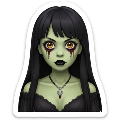 vampira gótica parda zumbi de cabelo longo e preto e franja e roupa com decote e batom preto sticker