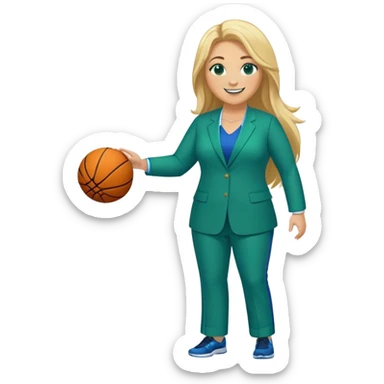 Full Body white plus size female basketball head coach with long blonde hair in a blue and green suit smiling sticker