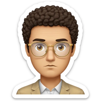 Square-faced man with thick eyebrows, short dark curly hair, slight scruff, serious expression, large square gold-rimmed glasses sticker
