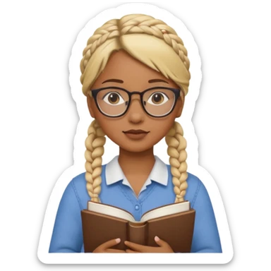 A student, girl, brown skin, braid blonde hair, wearing glasses, hold book in front of their chest sticker