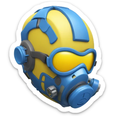 Blue skin cyborg head with yellow respirator mask sticker