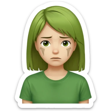 Chica joven con el pelo liso y dañado, descuidado, camiseta verde, con cara triste y desanimada sticker