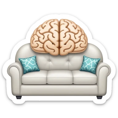 An icon featuring a brain, a couch, and a psychological test, symbolizing the study of psychology. The design includes abstract patterns representing the mind, with a calm, therapeutic setting in the background. Transparent background highlights the exploration of human behavior and mental health. sticker